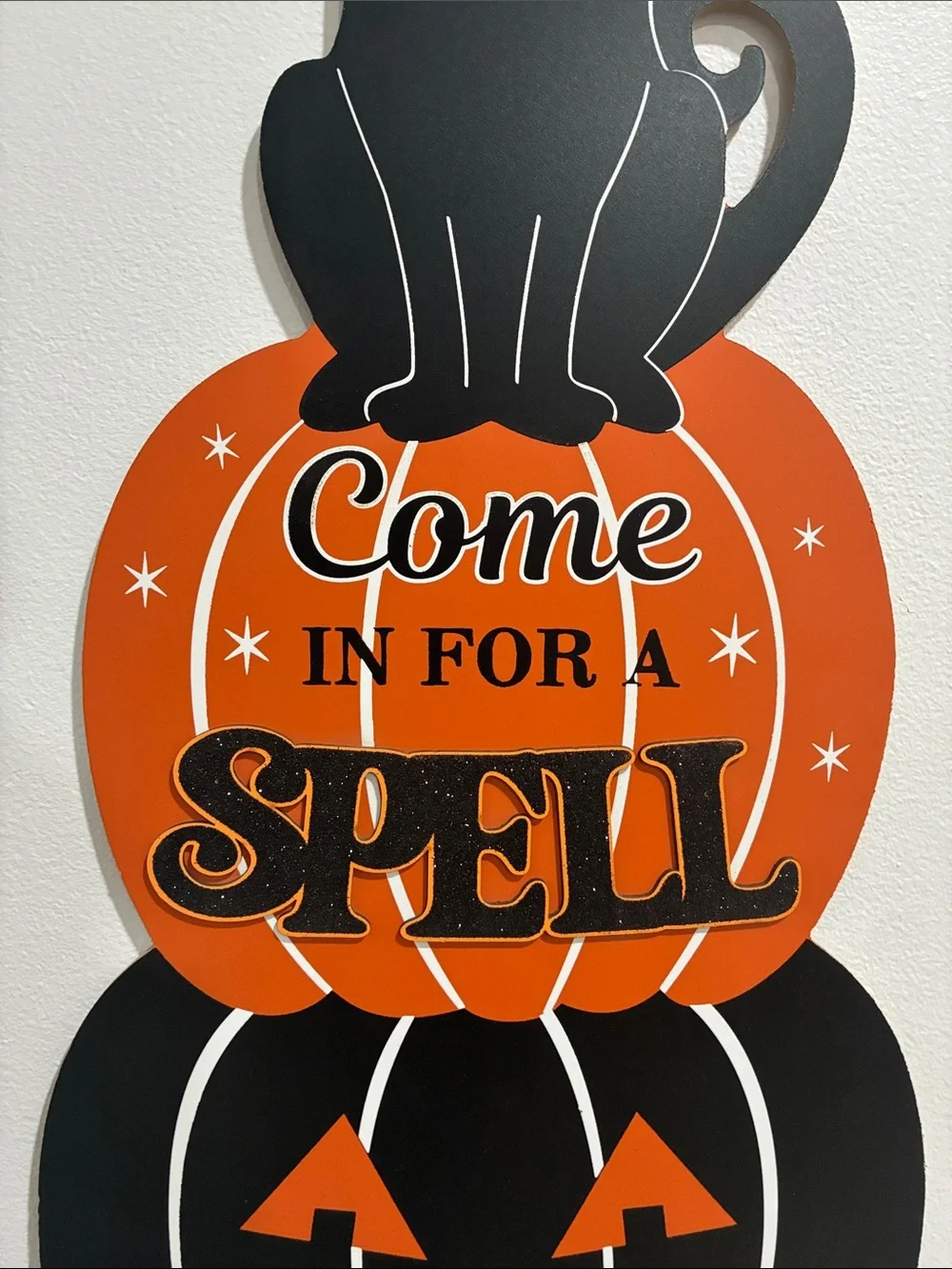 NWT- 35” Come in for a SPELL- Black Cat Witch Stacked Jack-o-lantern- Wood Sign